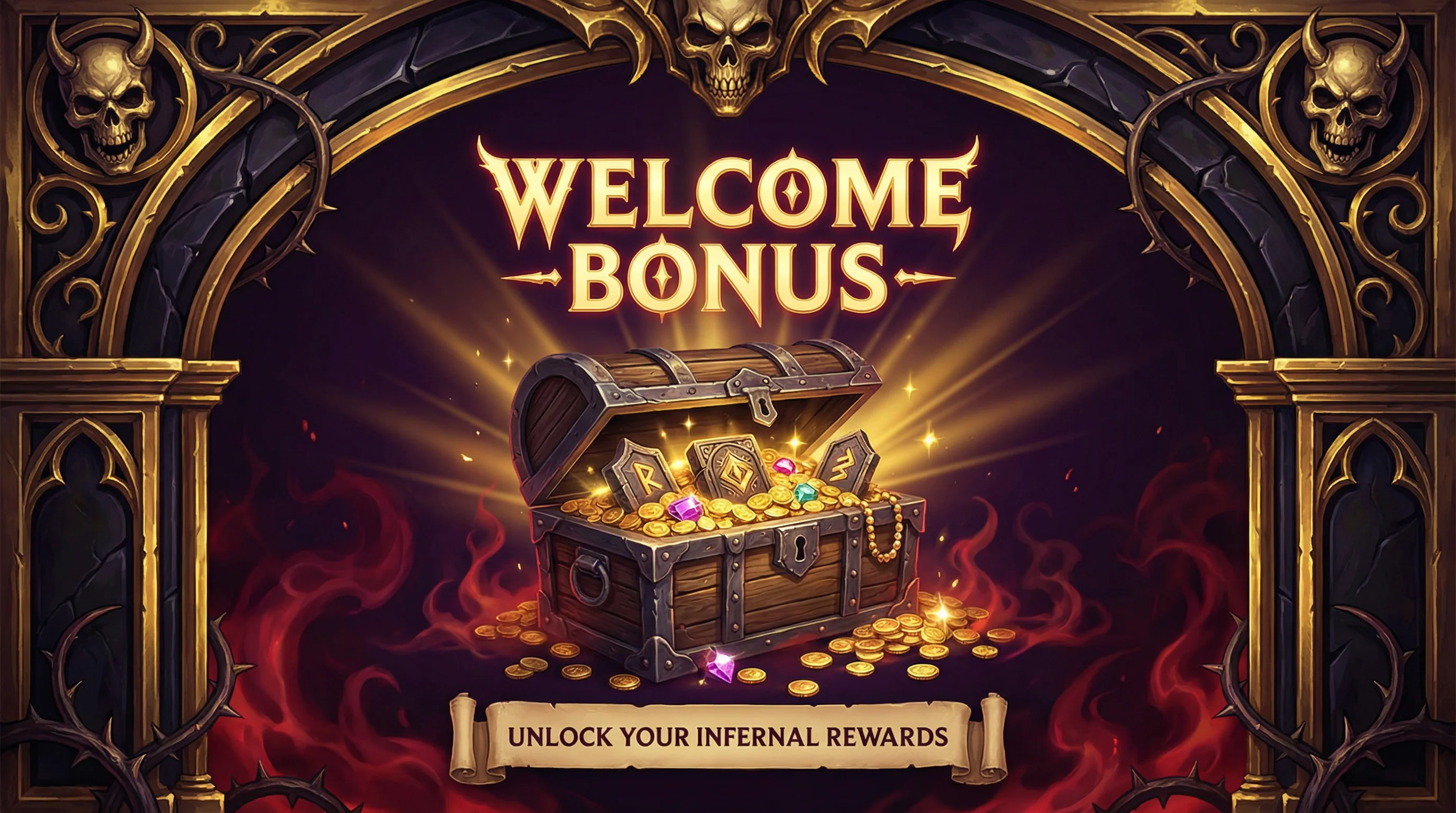 Bônus de boas-vindas do mgmbet com baú de tesouros e moedas de ouro